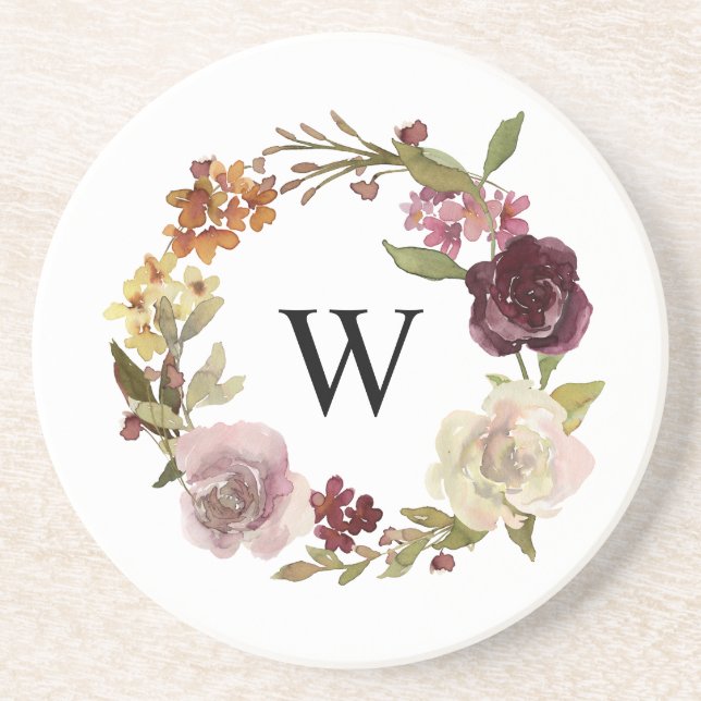 Blommig akvarellkrans Monogram Vit Underlägg (Framsidan)