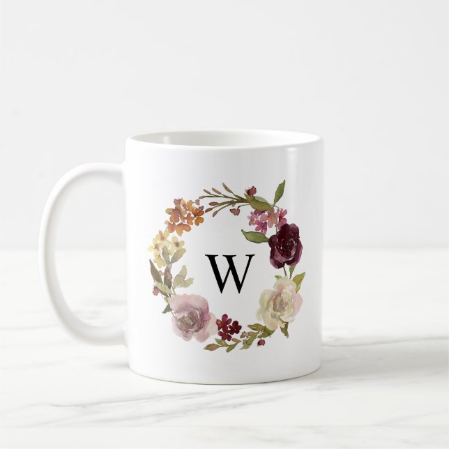 Blommig akvarellkransmonogram kaffemugg (Vänster)