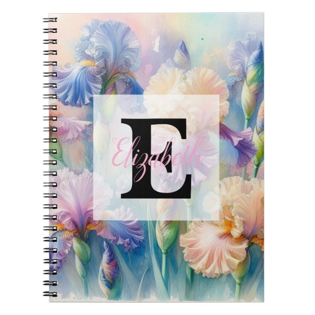Blommig akvarellmonogram lila irisblommor anteckningsbok (Framsidan)