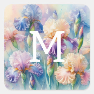 Blommig akvarellmonogram lila irisblommor fyrkantigt klistermärke