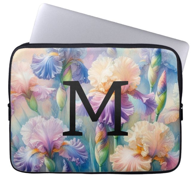 Blommig akvarellmonogram lila irisblommor laptop fodral (Framsidan)