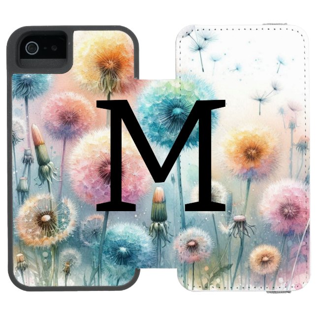 Blommig akvarellmonogram rosa blå maskrosor  incipio iPhone wallet skal (Folio Öppen)