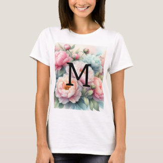 Blommig akvarellmonogram rosa blå peonior t shirt