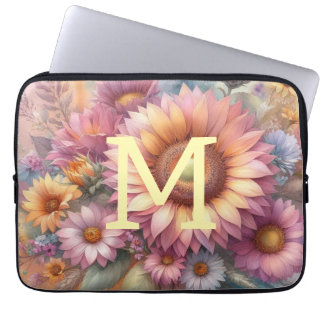 Blommig akvarellmonogram rosa gul solros laptop fodral