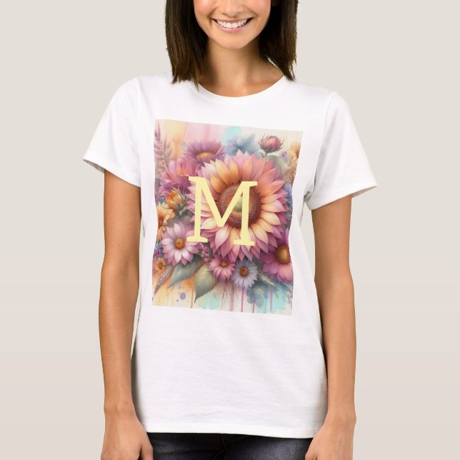 Blommig akvarellmonogram rosa gul solros  t shirt (Framsida)