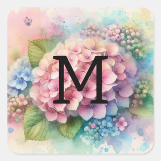 Blommig akvarellmonogram rosa hortensia fyrkantigt klistermärke