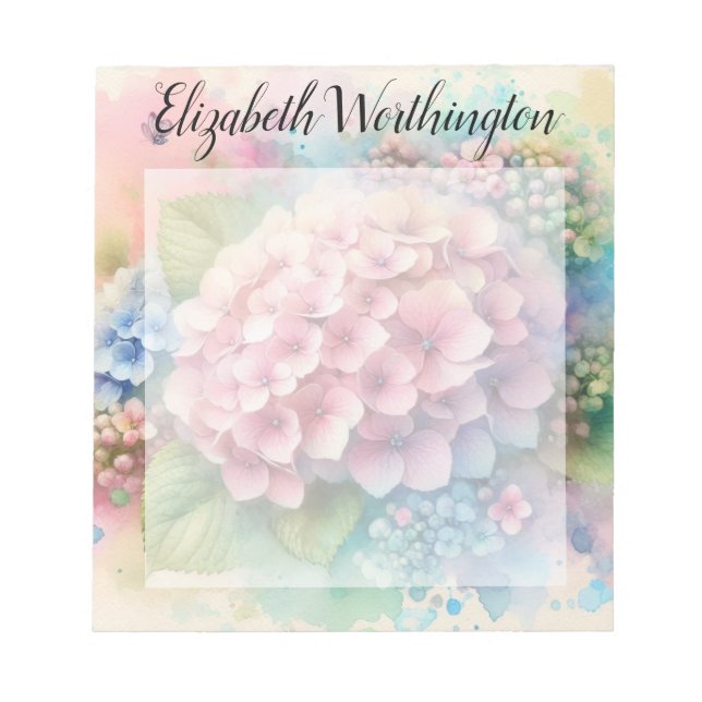 Blommig akvarellmonogram rosa hydrangea anteckningsblock (Framsida)