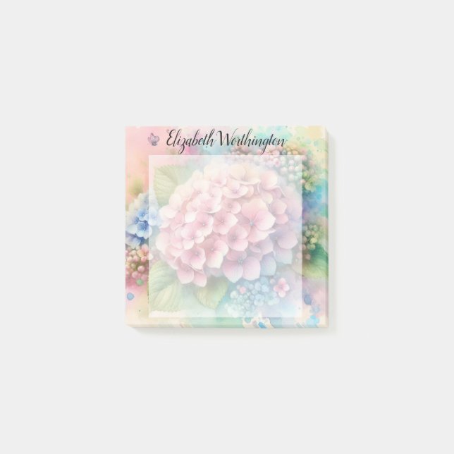 Blommig akvarellmonogram rosa hydrangea post-it block (Framsida)