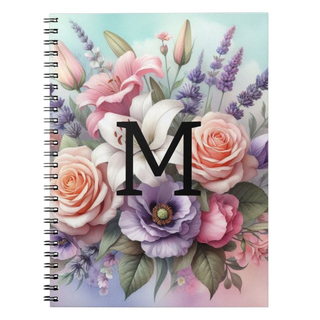 Blommig akvarellmonogram rosa lila blommor  anteckningsbok (Framsidan)