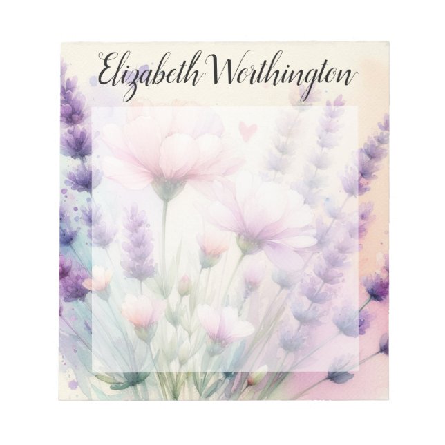 Blommig akvarellmonogram rosa lila lavendel anteckningsblock (Framsida)