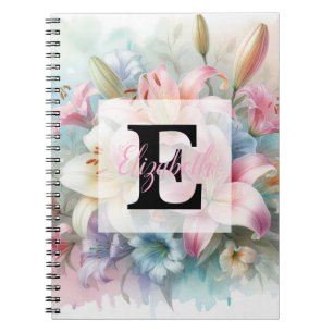 Blommig akvarellmonogram rosa liljor blommor  anteckningsbok