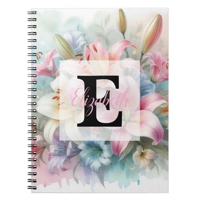 Blommig akvarellmonogram rosa liljor blommor  anteckningsbok (Framsidan)