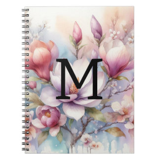 Blommig akvarellmonogram rosa magnoliablommor anteckningsbok