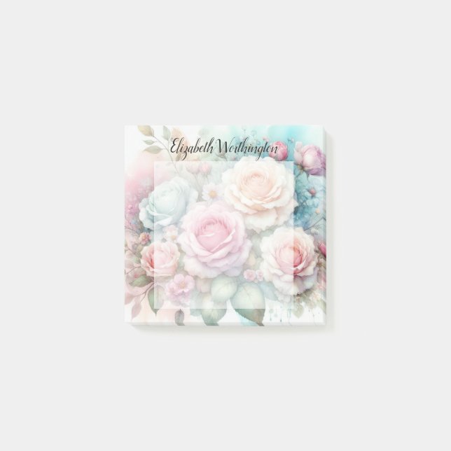Blommig akvarellmonogram rosa rosor blommor  post-it block (Framsida)