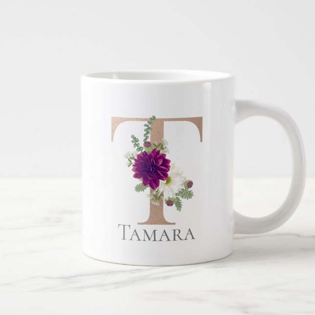Blommig Alfabet anpassat namn bokstav “ T  “ Jumbo Mugg (Höger)