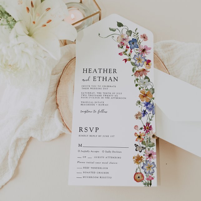 Blommig Allt-i-ett Bröllopsinbjudan (Colorful Floral All in One Wedding Invite with Butterfly by Painted Paperie
)
