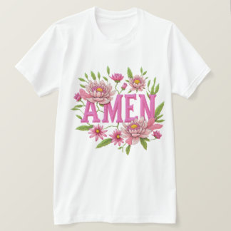 Blommig ”Amen” Typografi Design – Rosa Botanisk T Shirt