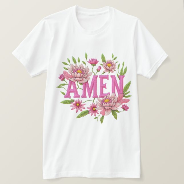 Blommig ”Amen” Typografi Design – Rosa Botanisk T Shirt (Design framsida)