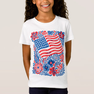 Blommig amerikansk flagga Patriotisk fjärde juli T Shirt