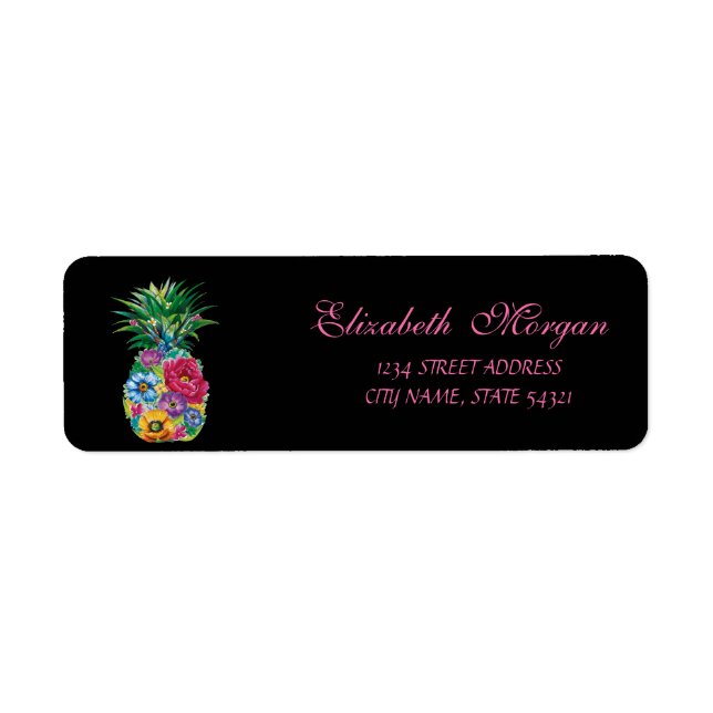 Blommig Ananas Svart Returadress Etikett (Framsidan)