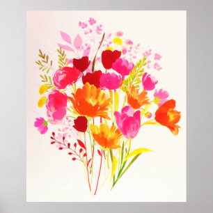 Blommig äng persikorosa akvarell poster