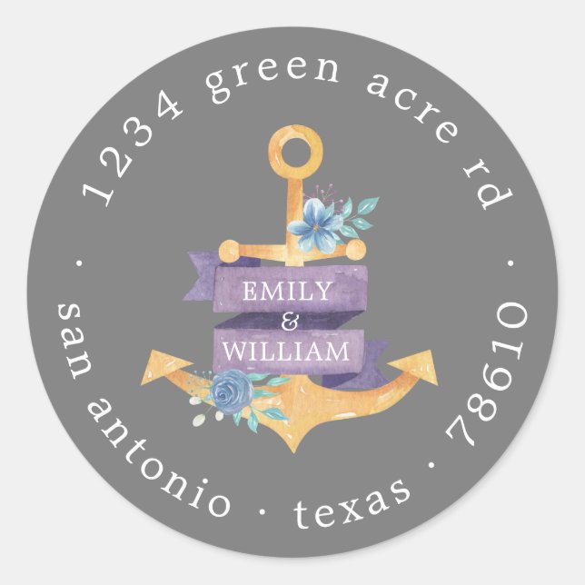 blommig ankare guld monogram returadress runt klistermärke (Framsida)