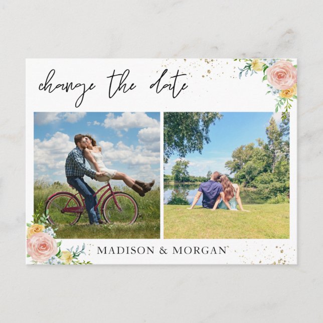 Blommig anpassad foton ändra datum meddelande vykort (Framsida)