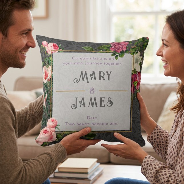 Blommig anpassad text Bröllopsdagpresent Grå Kudde (Floral Custom Text Wedding Anniversary Gift Gray Throw Pillow)