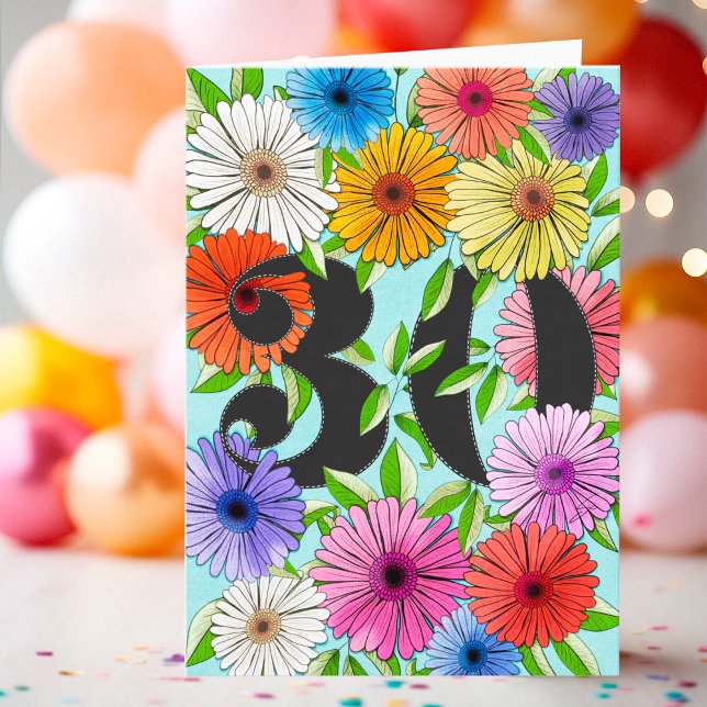 Blommig Aqua Blå Personlig 30-årsdag Kort (Skapare uppladdad)