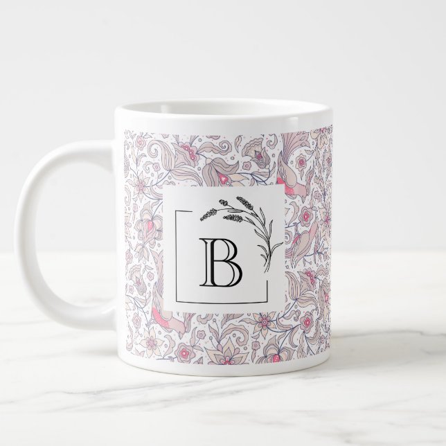 Blommig arabesk monogram stor mugg, bröllopsgåva jumbo mugg (Vänster)