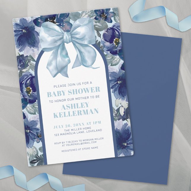 Blommig Baby Boy Blue Bow Bebis-fest Inbjudningar (Floral Boy Blue Bow Baby Shower Invitation)