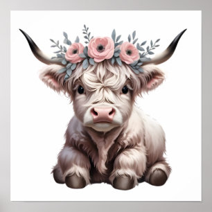 Blommig Baby Highland Ko Nurserytryck Poster