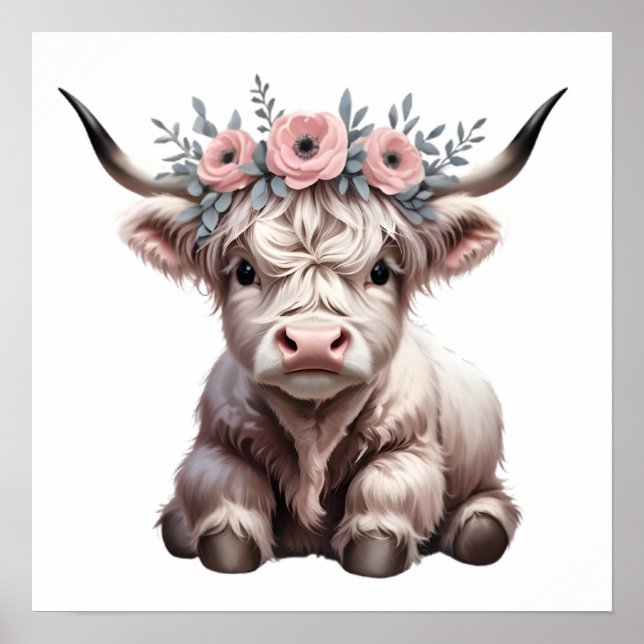 Blommig Baby Highland Ko Nurserytryck Poster (Framsidan)