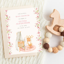 Blommig baby shower i rosa akvarell för barnkammar