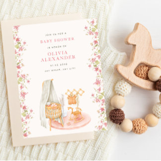 Blommig baby shower i rosa akvarell för barnkammar inbjudningar