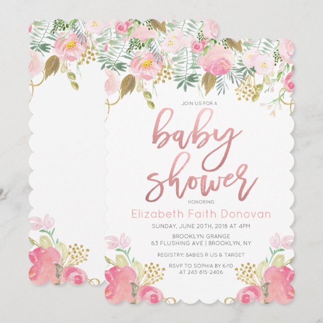 Blommig Baby Shower Inbjudan (Fram/baksida)