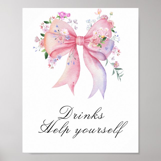 Blommig baby shower med bow - drycker poster (Framsidan)