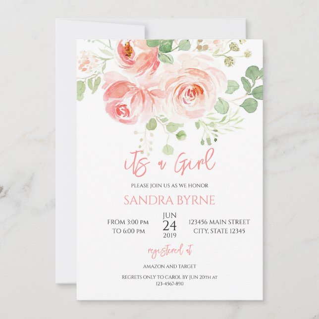 Blommig Baby Shower Rosa Inbjudningar (Framsida)