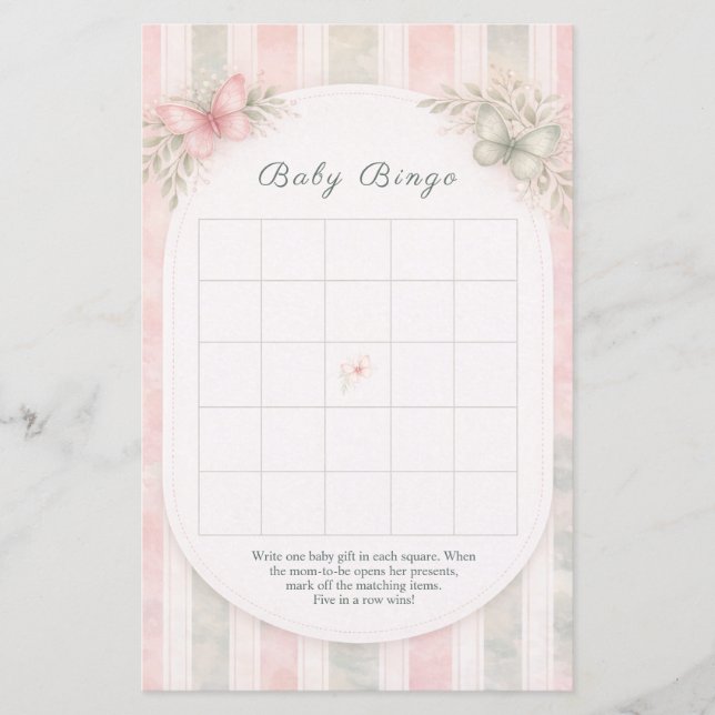 Blommig Baby Shower-spel Fjärilsbingo (Framsida)