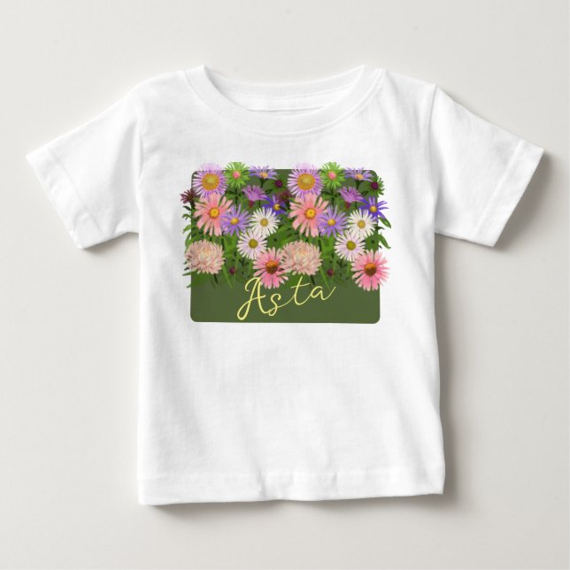 Blommig baby topp t-shirt Rosa Asters & hennes nam (Framsida)