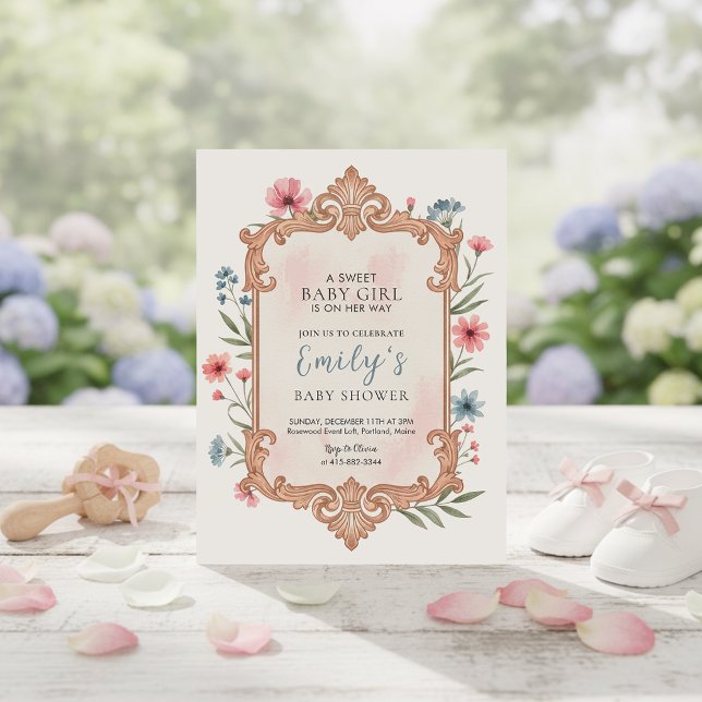 Blommig babyflicka shower inbjudan ram (Skapare uppladdad)