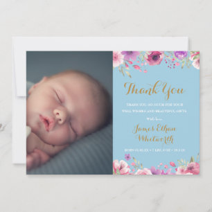 Blommig babypojke Foto manus Tack Rosa födelse Meddelande