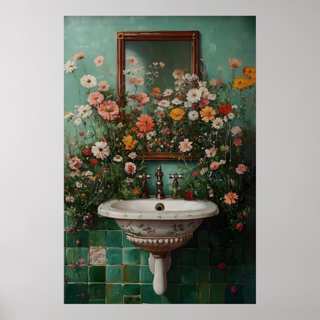 Blommig badrumstryck, botaniskt badrumsblomma poster (Framsidan)