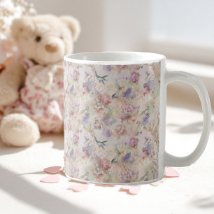 blommig bakgrund med fåglar och fjärilar kaffemugg