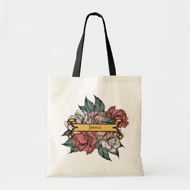Blommig banderoll rustika vintage rosor tatuering  tygkasse (Framsidan)