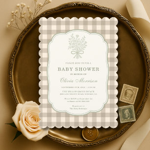 Blommig bandy gingham beige elfenben baby shower inbjudningar