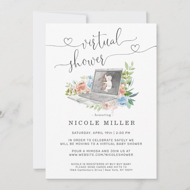 Blommig Bärbar Dator | Virtuell Baby Shower Inbjud (Framsida)