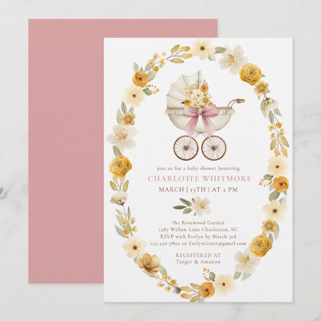 Blommig barnvagn Baby Shower | Rosafärgad design Inbjudningar (Fram/baksida)