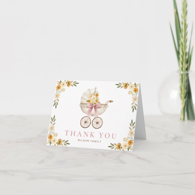 Blommig barnvagns baby shower tackkort (Framsida)