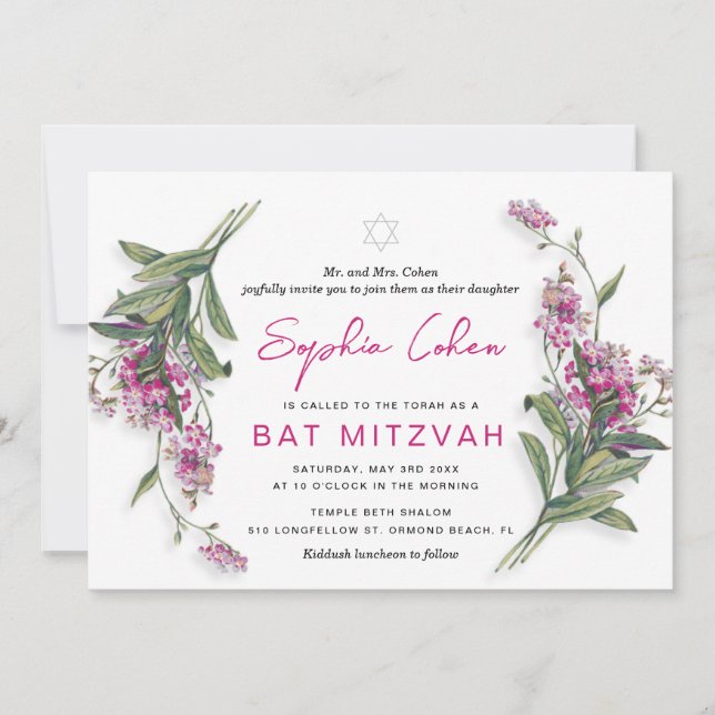 Blommig Bat Mitzvah-inbjudan Botanisk Inbjudningar (Framsida)